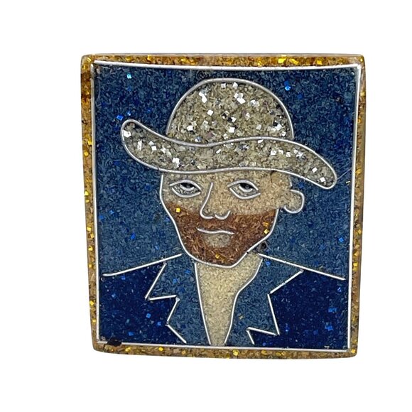 Vintage Vincent Van Gogh Artisan Handmade Art Square Brooch Pin Gold Blue Resin - Picture 7 of 7
